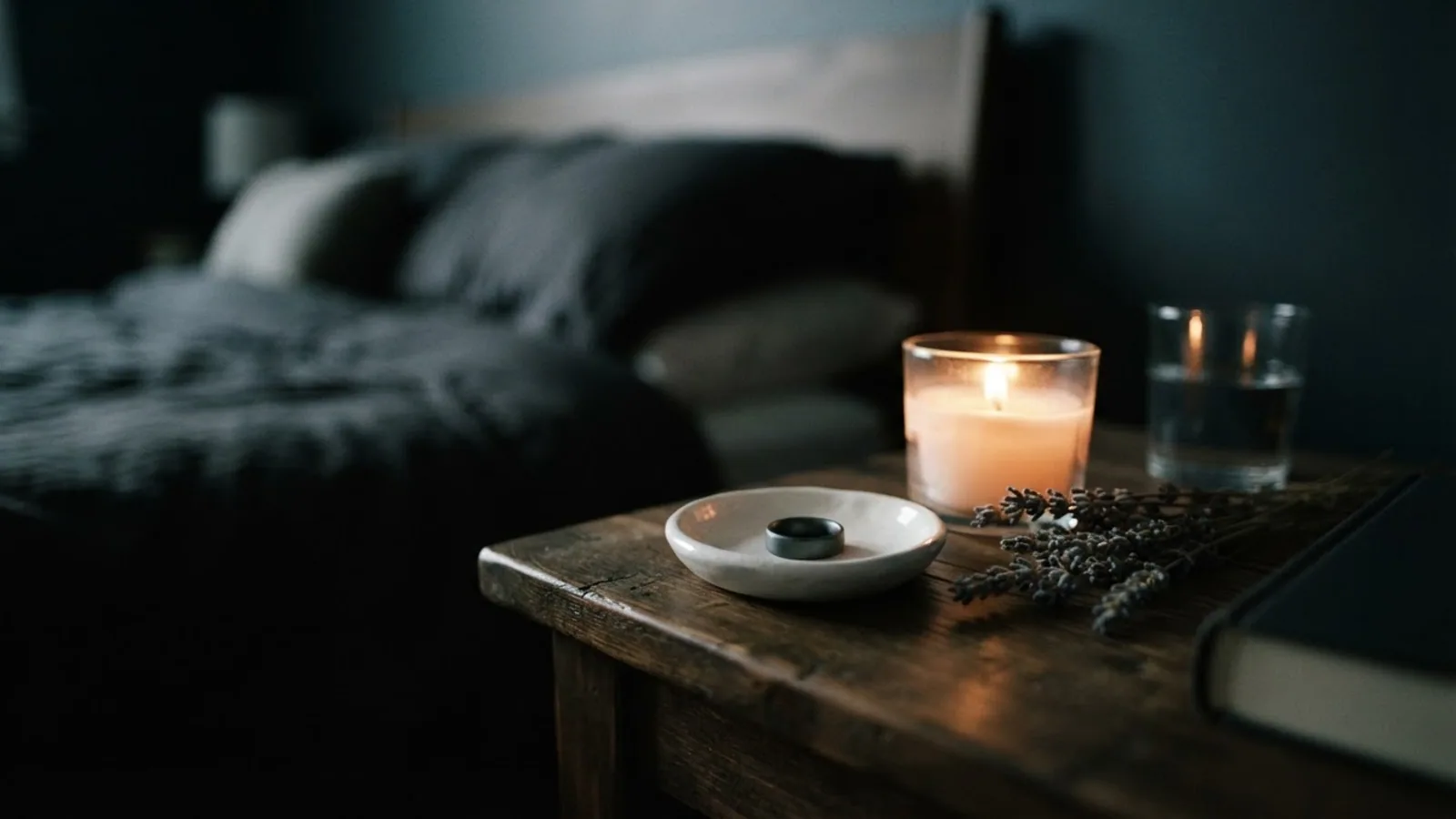 A plain dark ring resting in a small ceramic dish on a bedside table next to a candle and dried lavender.