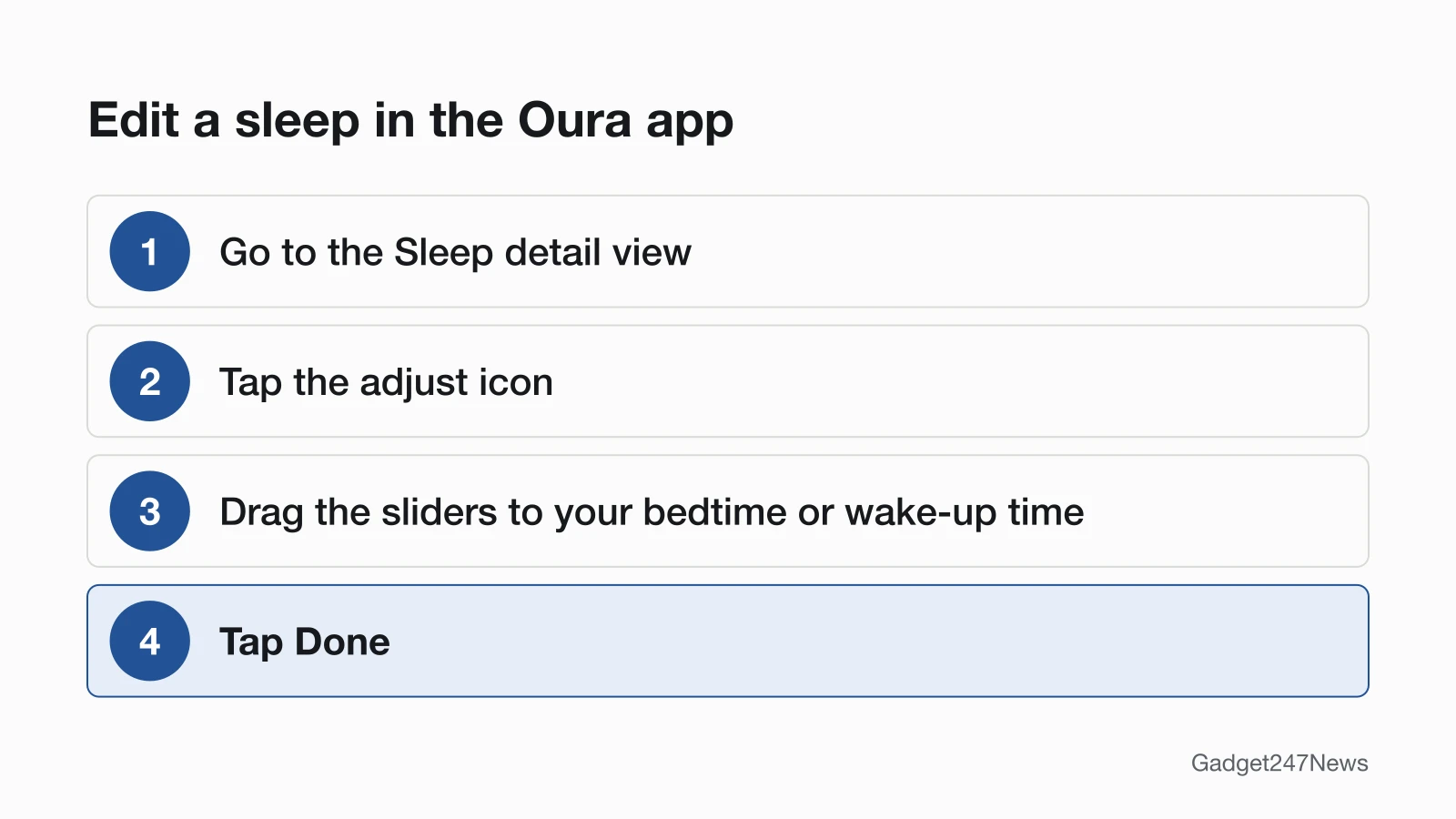 Four steps in order: go to the Sleep detail view, tap the adjust icon, drag the sliders to your bedtime or wake-up time, then tap Done.