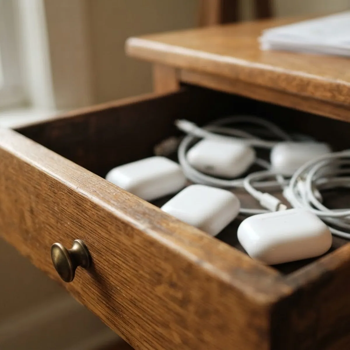 Open wooden desk drawer holding several white earbud cases and coiled white charging cables in soft window light