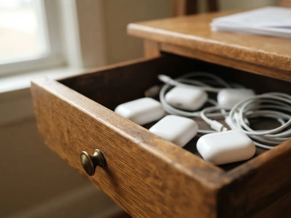 Open wooden desk drawer holding several white earbud cases and coiled white charging cables in soft window light