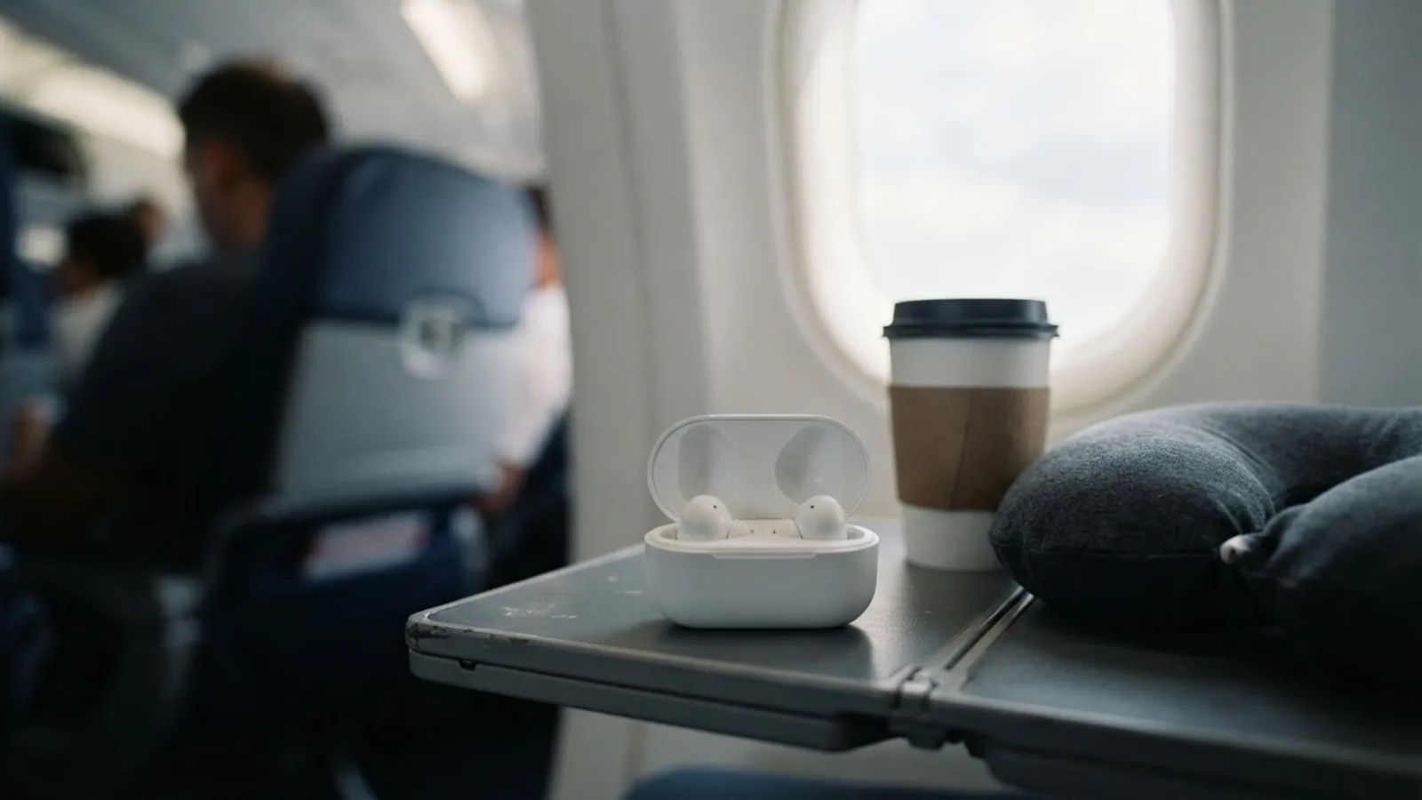 Open white earbud case with two earbuds on an airplane tray table beside a coffee cup and a travel pillow