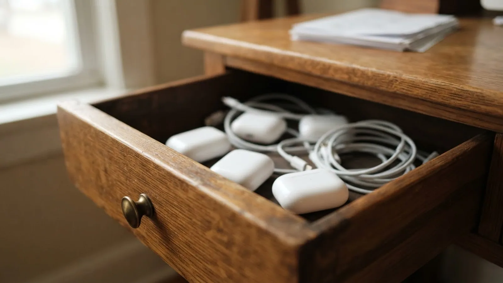 Open wooden desk drawer holding several white earbud cases and coiled white charging cables in soft window light