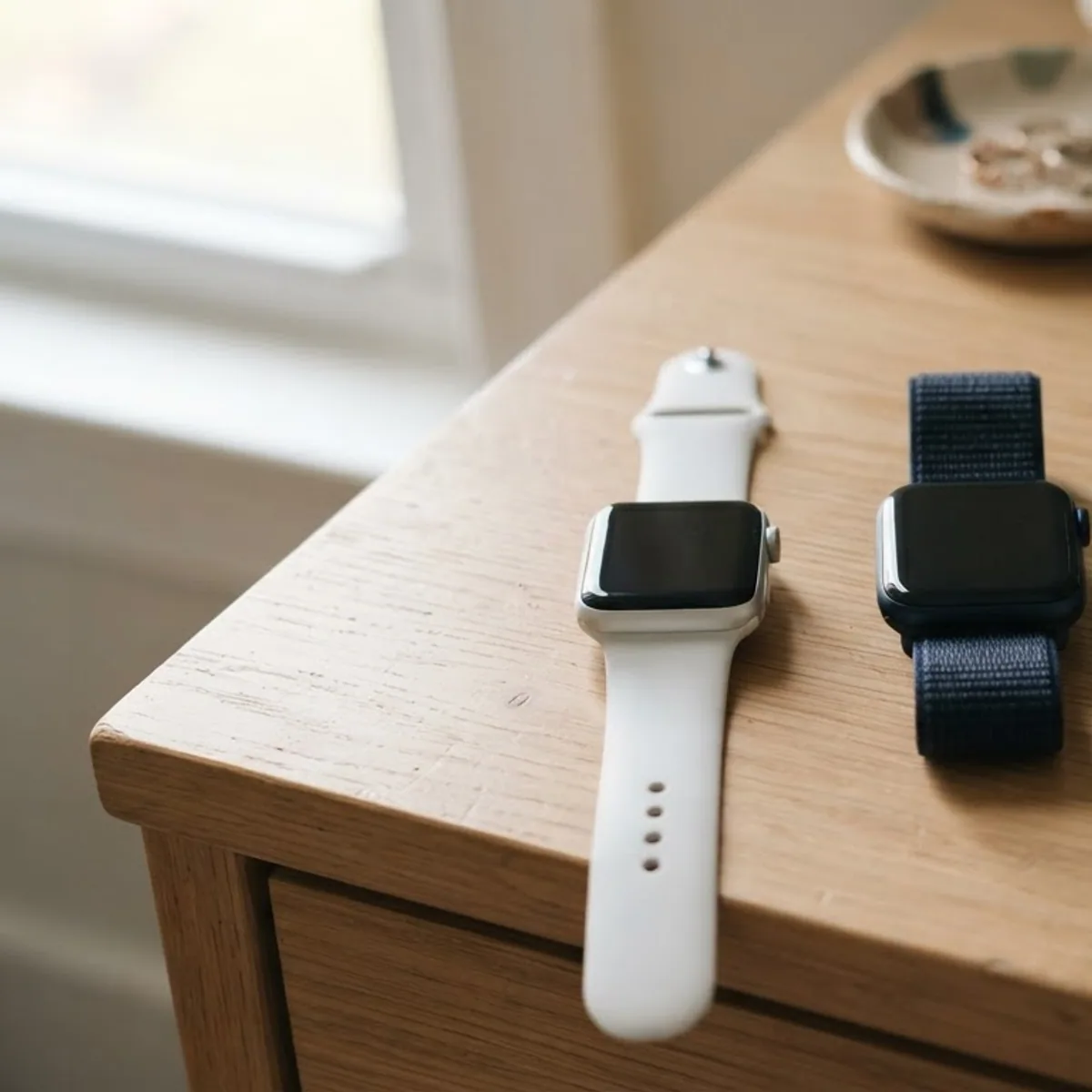 Three square smartwatches with white, navy and tan bands lying side by side on a light oak dresser