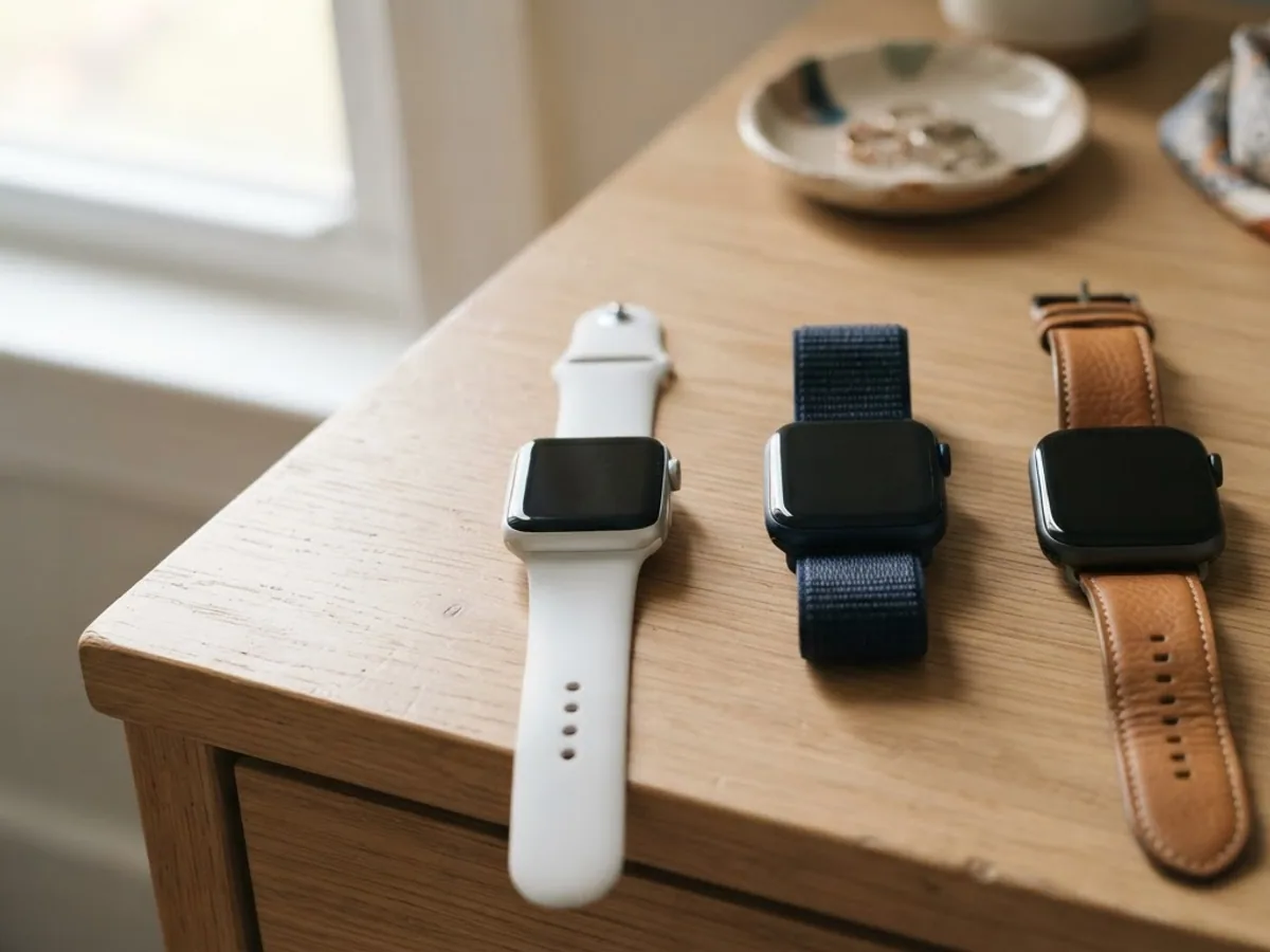 Three square smartwatches with white, navy and tan bands lying side by side on a light oak dresser