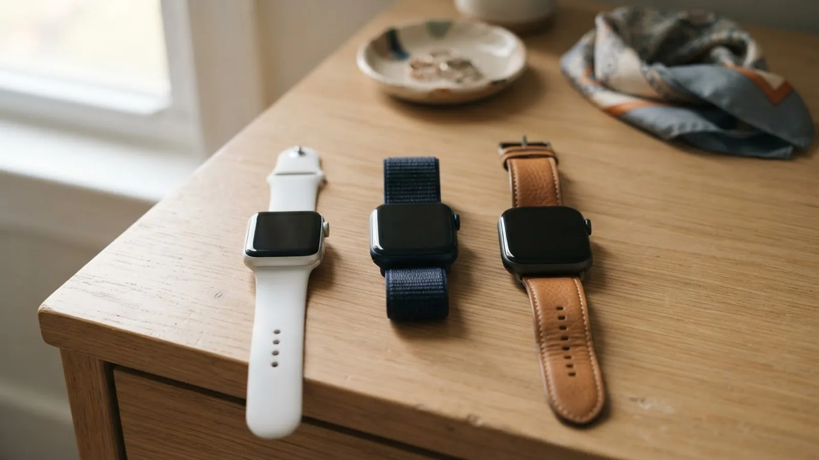Three square smartwatches with white, navy and tan bands lying side by side on a light oak dresser