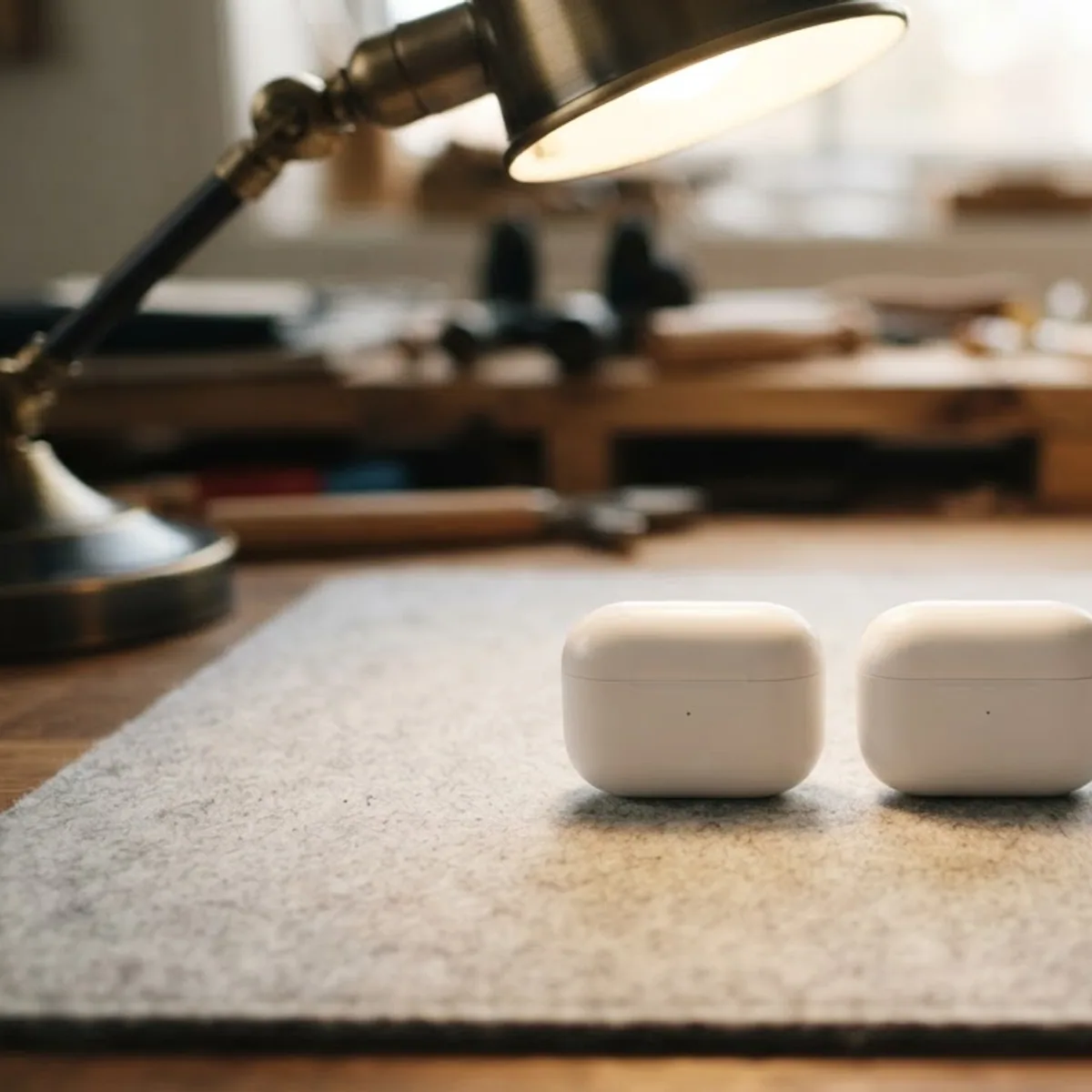 Two nearly identical white earbud cases side by side on a grey felt desk mat next to a magnifying glass under a desk lamp