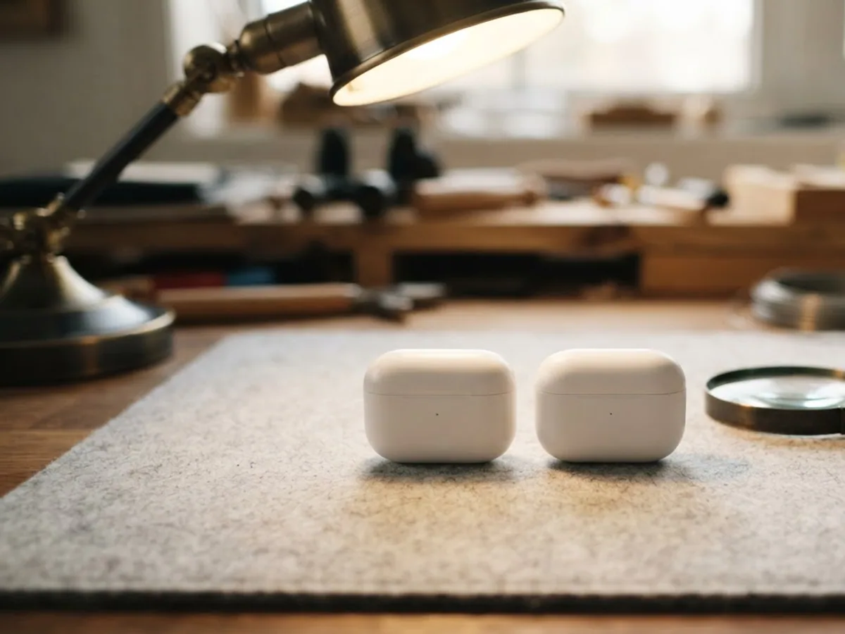 Two nearly identical white earbud cases side by side on a grey felt desk mat next to a magnifying glass under a desk lamp