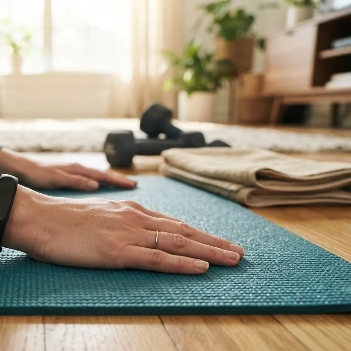 Hand pressed flat on a teal yoga mat wearing a slim black fitness band, with dumbbells and a towel on the floor nearby
