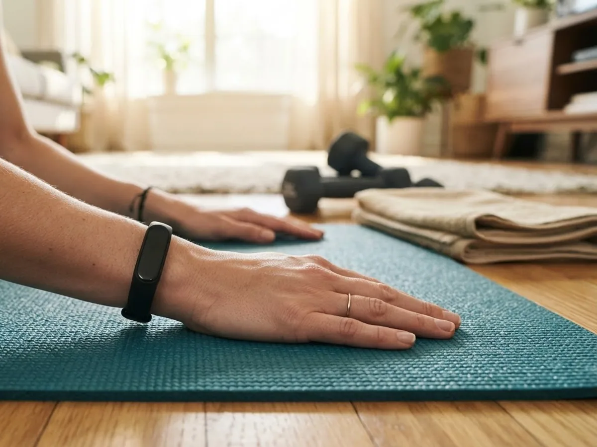 Hand pressed flat on a teal yoga mat wearing a slim black fitness band, with dumbbells and a towel on the floor nearby