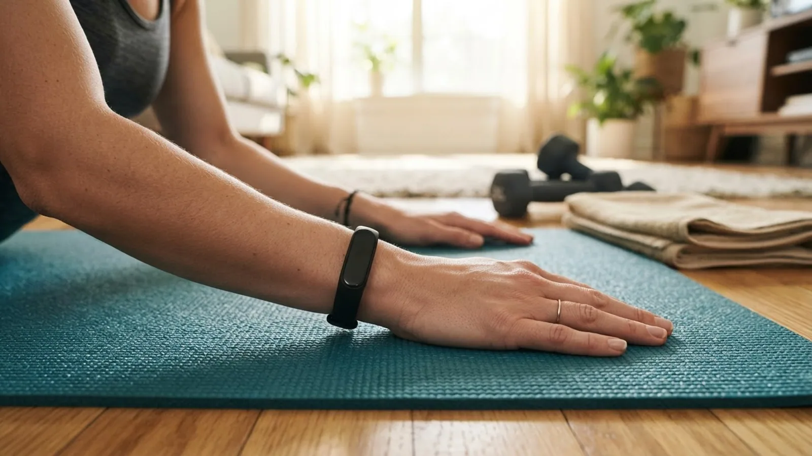 Hand pressed flat on a teal yoga mat wearing a slim black fitness band, with dumbbells and a towel on the floor nearby