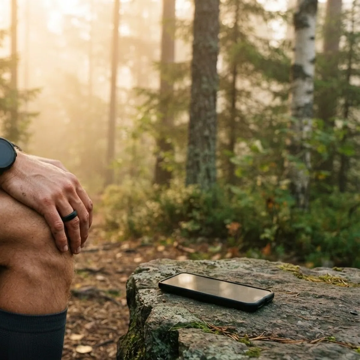 Runner resting a forearm on a knee on a misty forest trail, wearing a round black sports watch, with a phone on a nearby rock