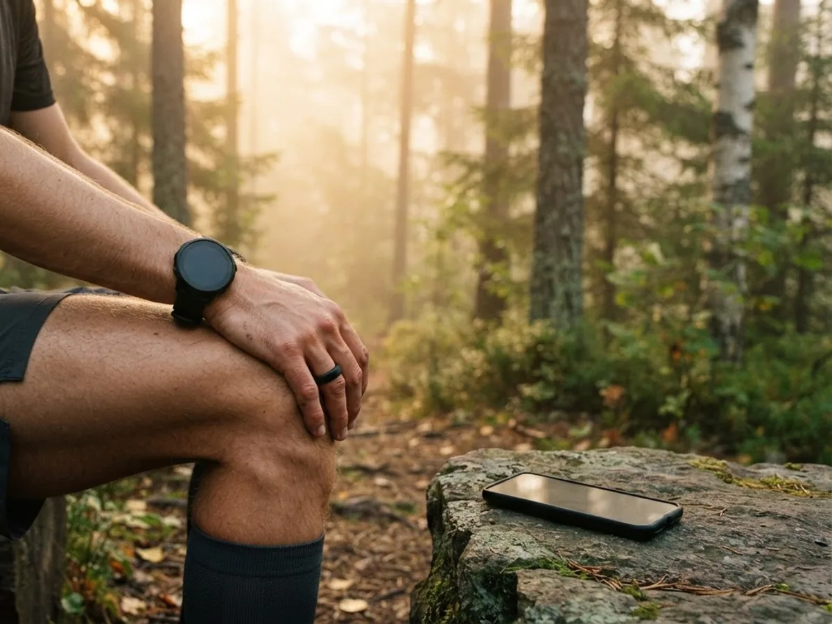 Runner resting a forearm on a knee on a misty forest trail, wearing a round black sports watch, with a phone on a nearby rock