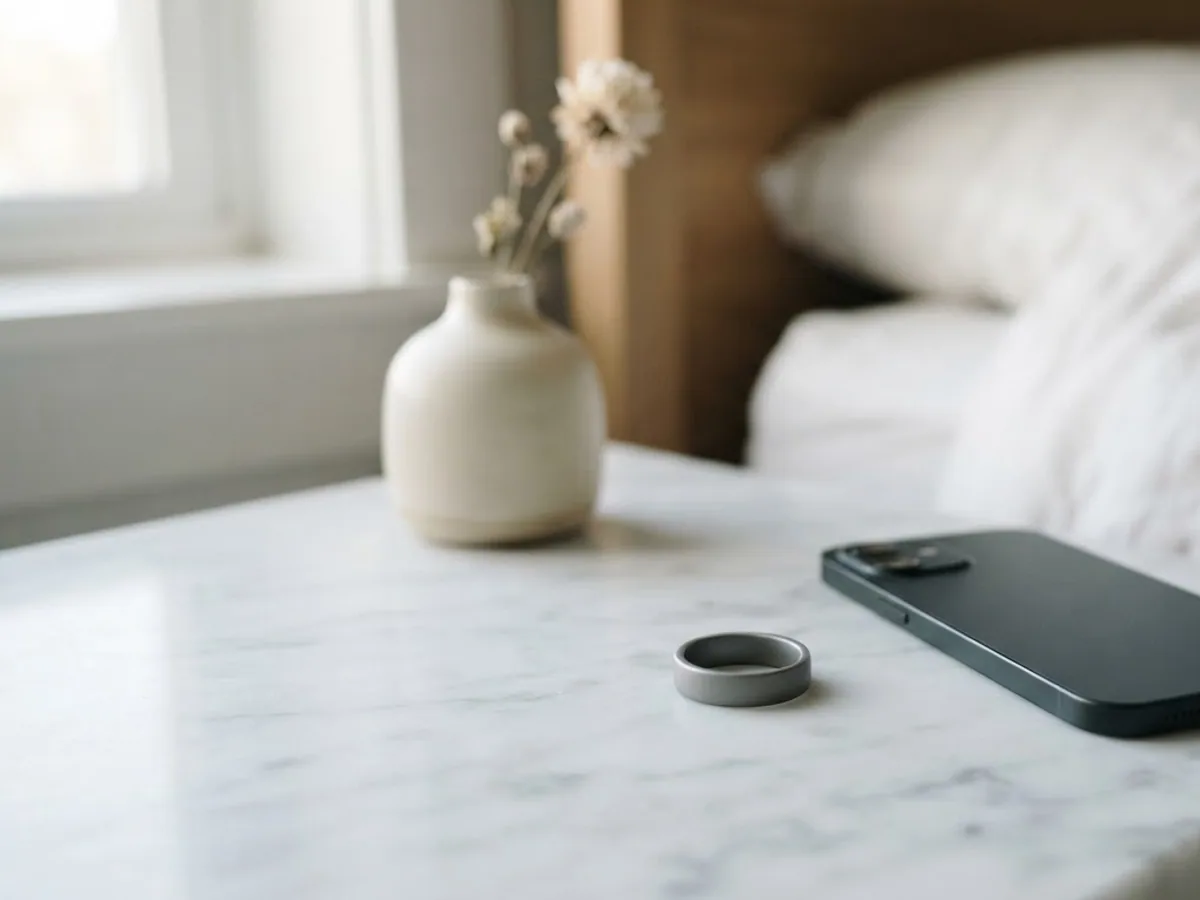 Plain grey smart ring on a white marble bedside table beside a smartphone lying face down