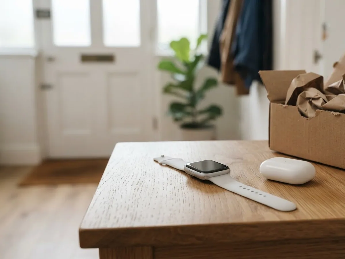 White smartwatch and white earbud case on a hallway table beside an open cardboard box with paper packing and a roll of tape