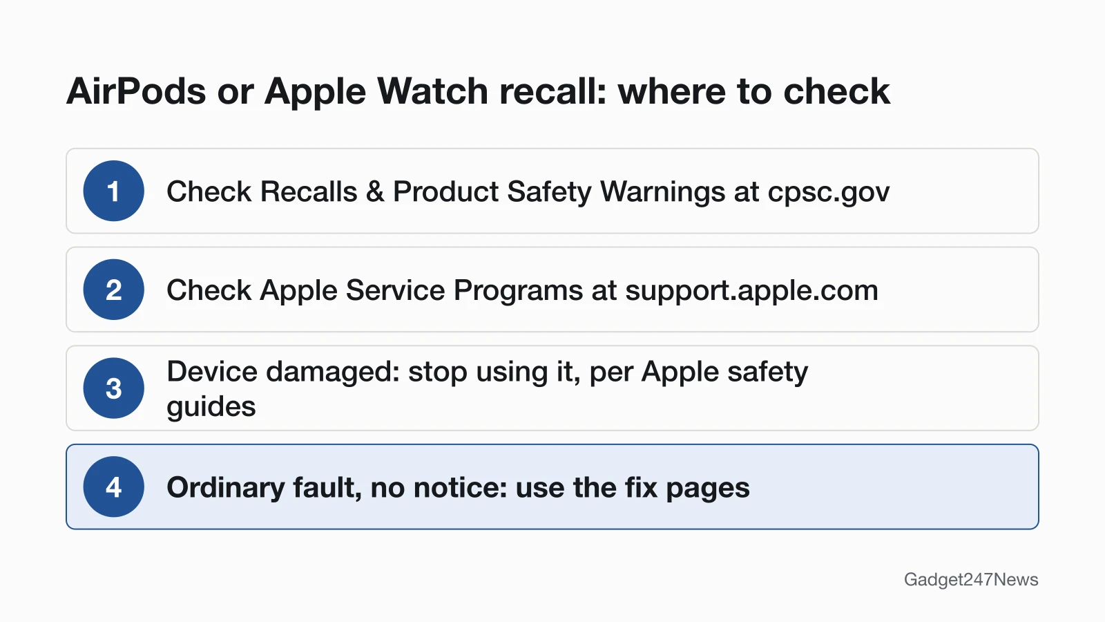 Four-step order: check the CPSC Recalls and Product Safety Warnings list, check Apple Service Programs, stop using a damaged device, and use the fix pages for ordinary faults.