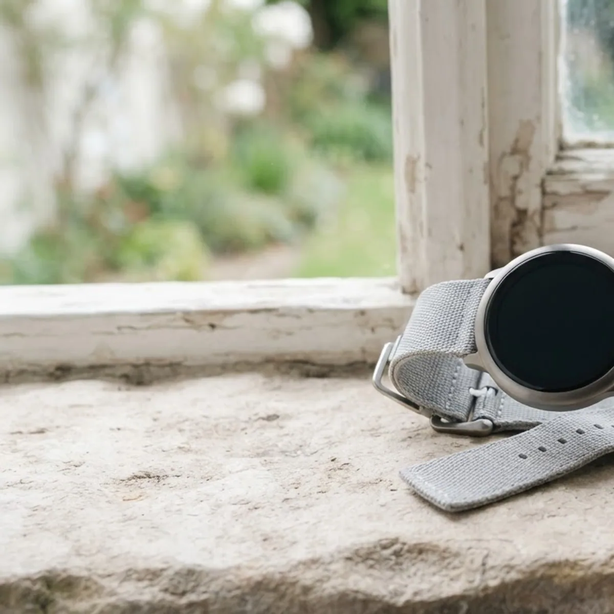 A round domed smartwatch with a grey fabric band on a stone windowsill beside a small potted succulent