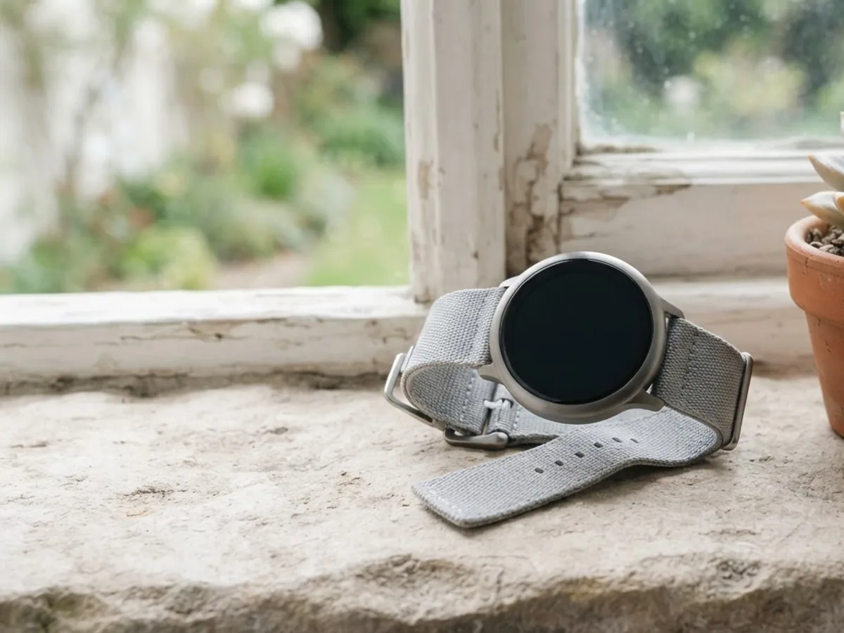 A round domed smartwatch with a grey fabric band on a stone windowsill beside a small potted succulent