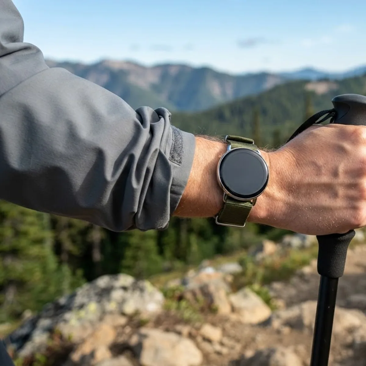 A hand gripping a trekking pole on a mountain trail, with a round smartwatch on an olive green strap on the wrist.
