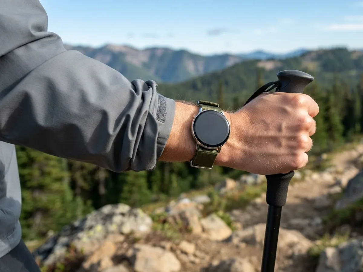 A hand gripping a trekking pole on a mountain trail, with a round smartwatch on an olive green strap on the wrist.