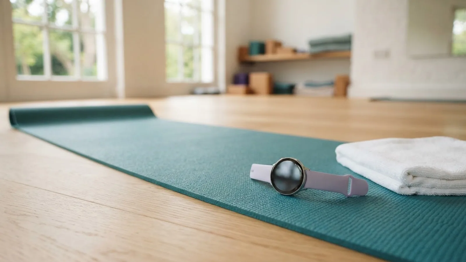 A round smartwatch on a lilac strap lying on a teal yoga mat next to a folded white towel in a bright studio.