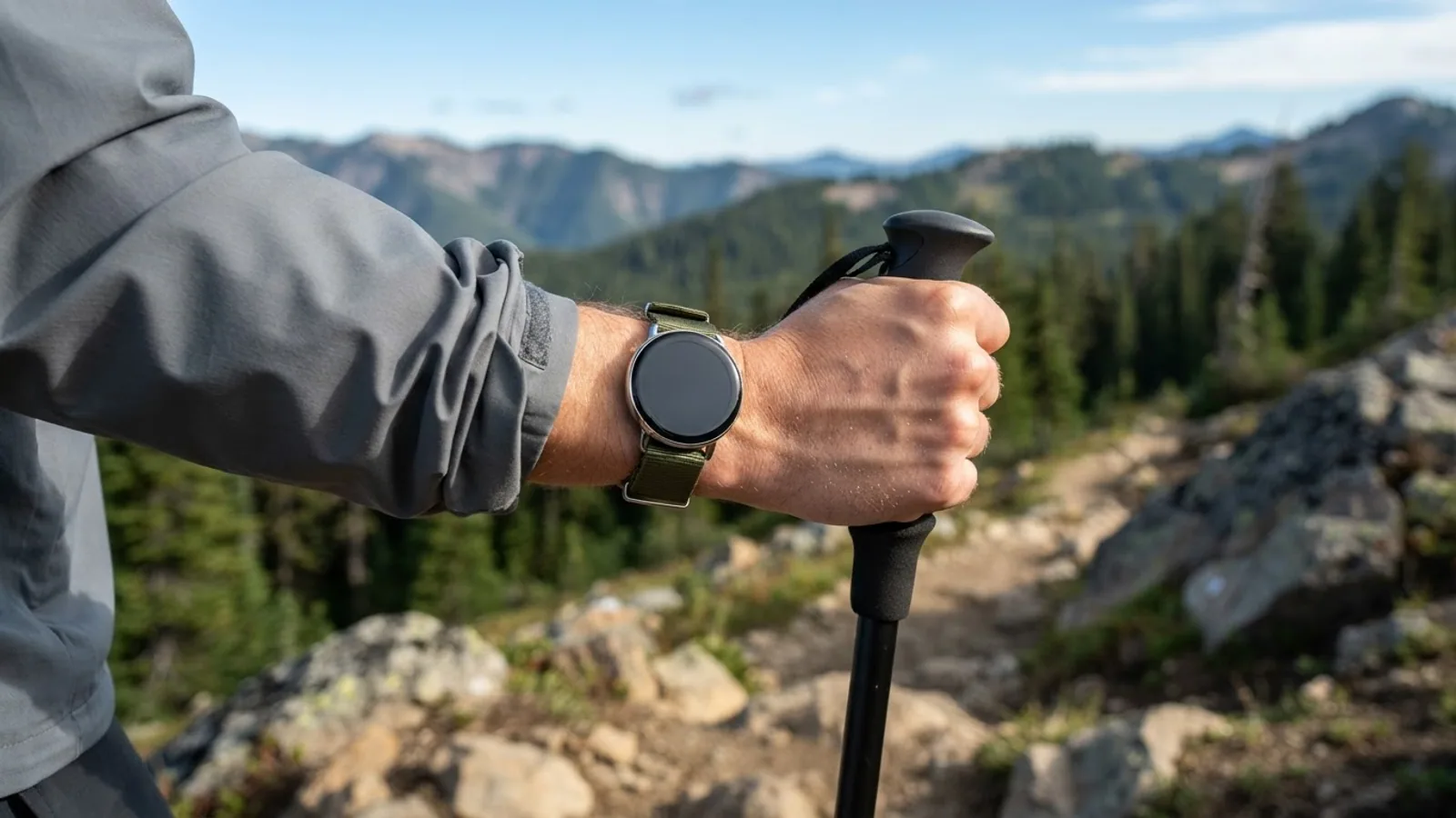 A hand gripping a trekking pole on a mountain trail, with a round smartwatch on an olive green strap on the wrist.