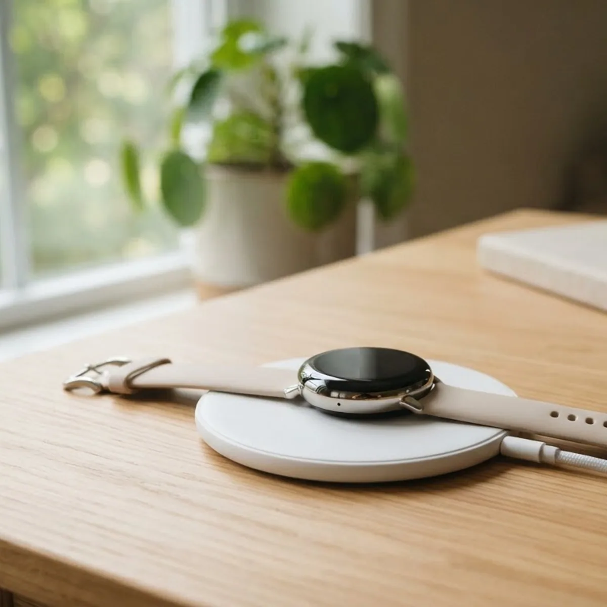 A round smartwatch on a sand colored strap resting on a white round charging disc on a light oak desk by a window.