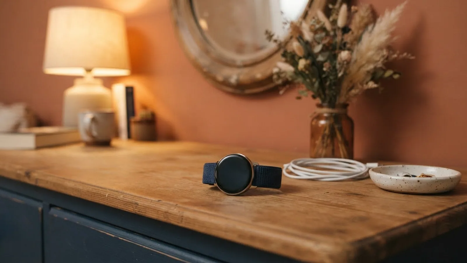 A round smartwatch on a navy strap next to a coiled white charging cable and a ceramic dish on a wooden dresser in lamp light.