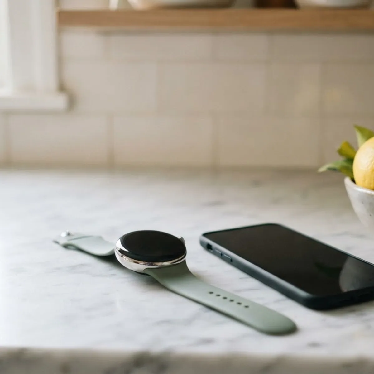 A round smartwatch on a sage green strap and a smartphone with a dark screen side by side on a white marble kitchen counter beside a bowl of lemons.