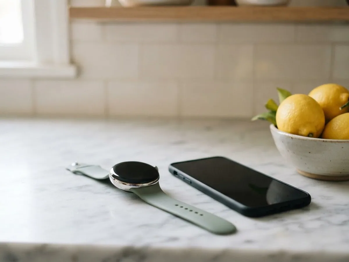 A round smartwatch on a sage green strap and a smartphone with a dark screen side by side on a white marble kitchen counter beside a bowl of lemons.