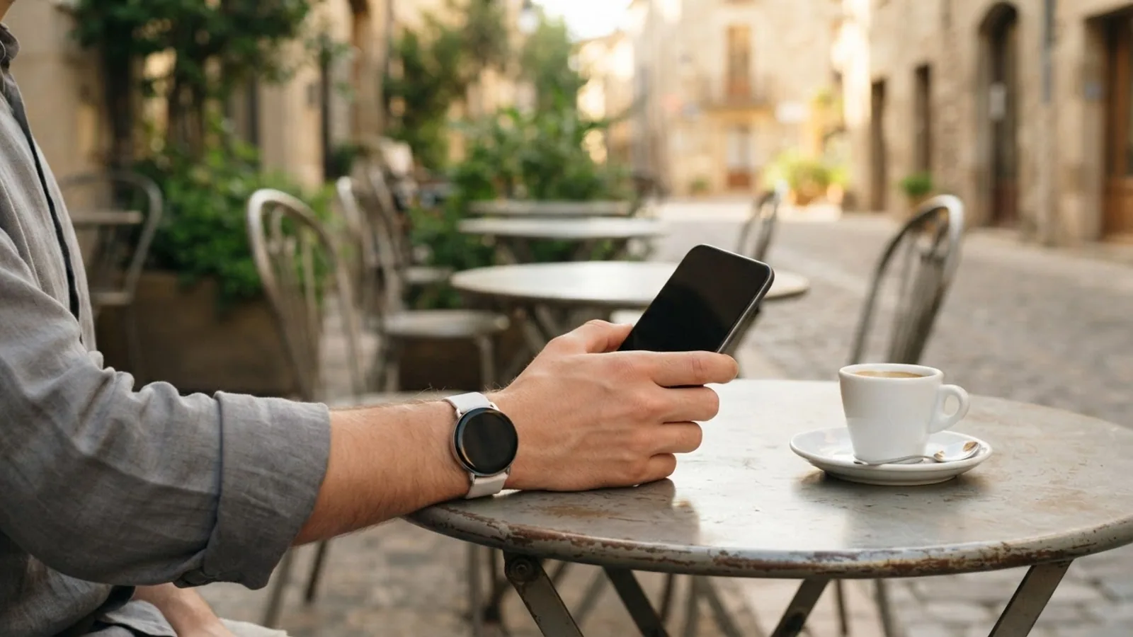 A hand holding a smartphone with a dark screen at an outdoor cafe table, with a round smartwatch on a white strap on the wrist.