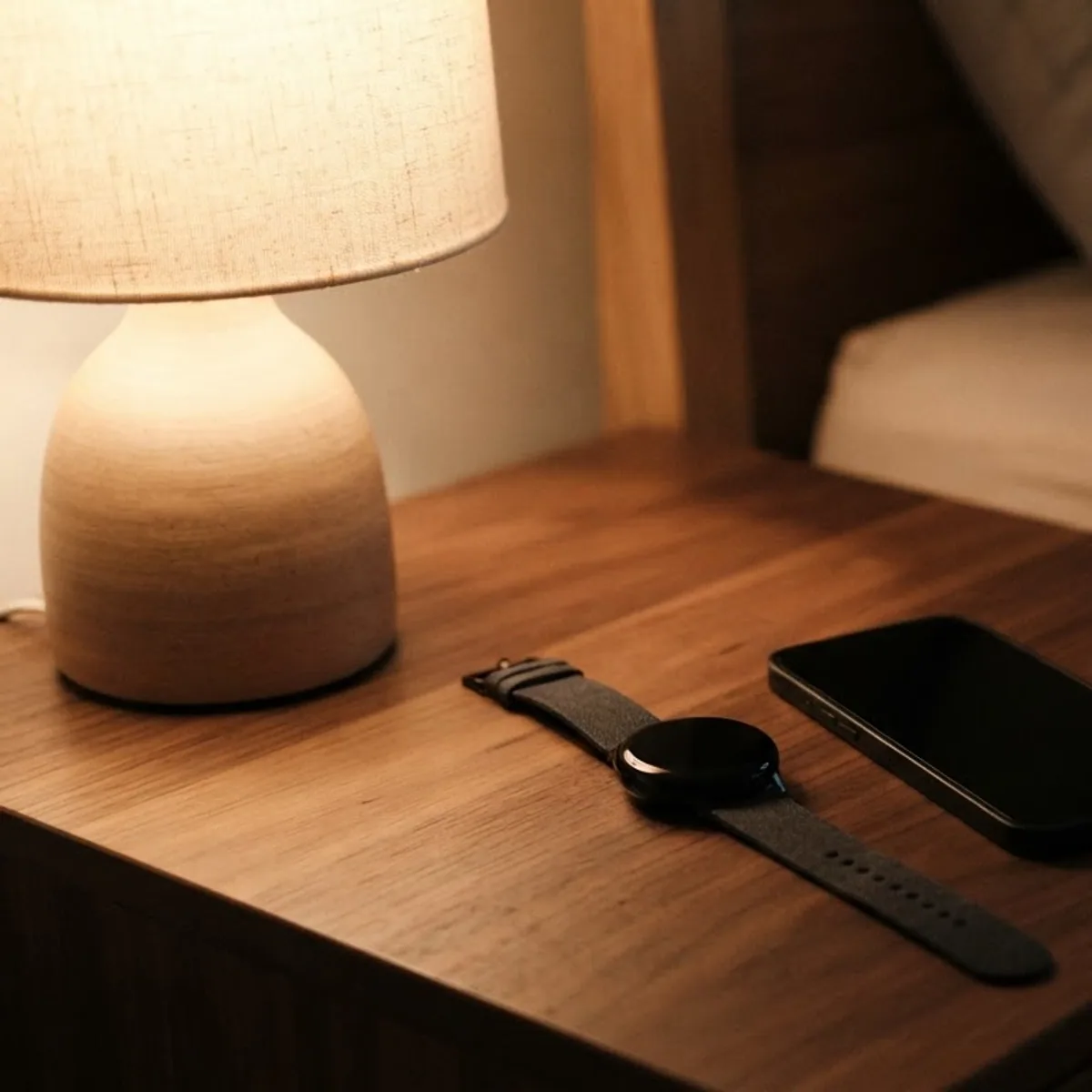 A round smartwatch on a charcoal strap and a smartphone with a dark screen on a wooden bedside table under a warm lamp at night.