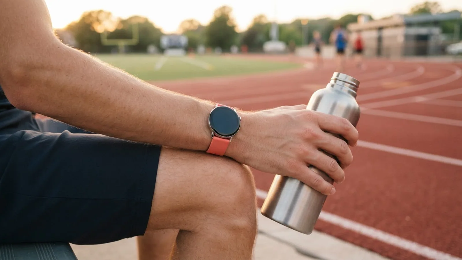 A hand holding a steel water bottle after a run at a track, with a round smartwatch on a coral sport strap on the wrist.