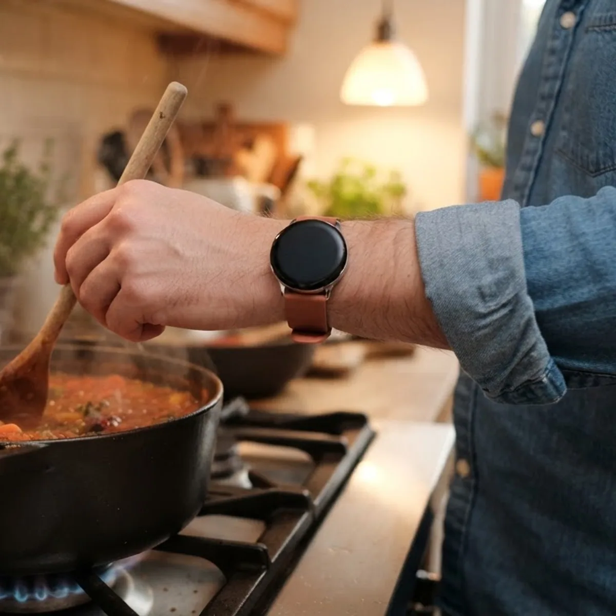 A hand stirring a pot with a wooden spoon in a home kitchen, with a round smartwatch on a terracotta strap on the wrist.