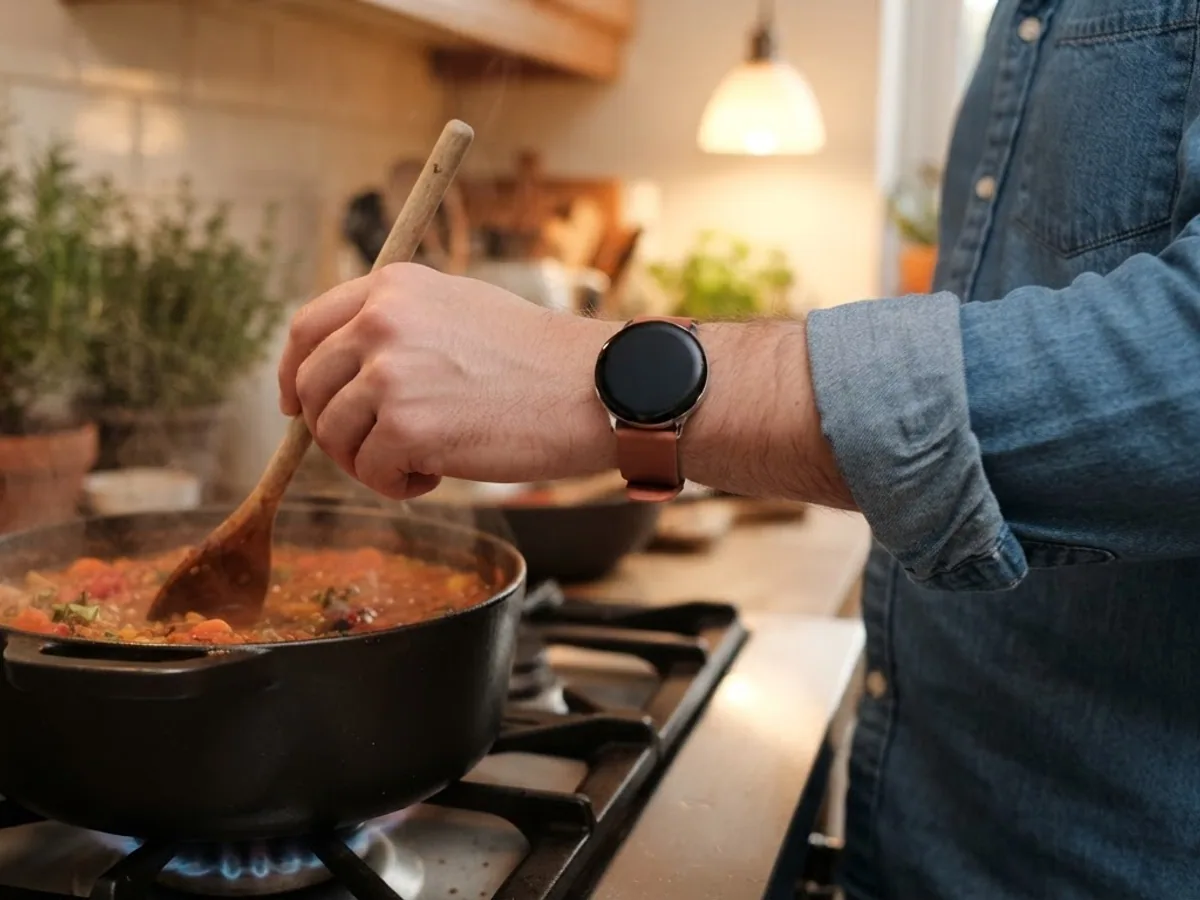 A hand stirring a pot with a wooden spoon in a home kitchen, with a round smartwatch on a terracotta strap on the wrist.