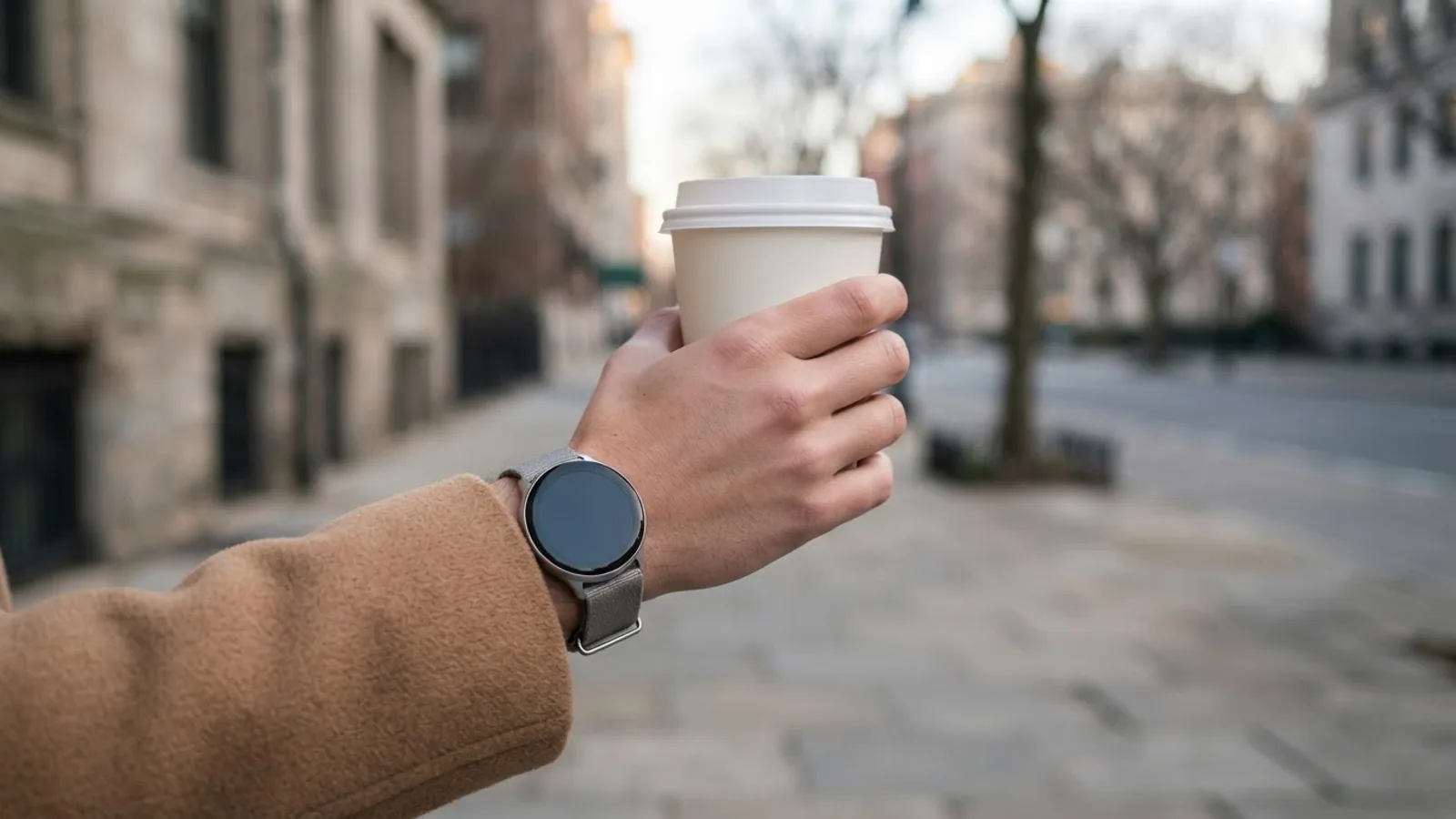 A hand holding a plain coffee cup on a quiet city sidewalk, with a round smartwatch on a grey strap on the wrist.
