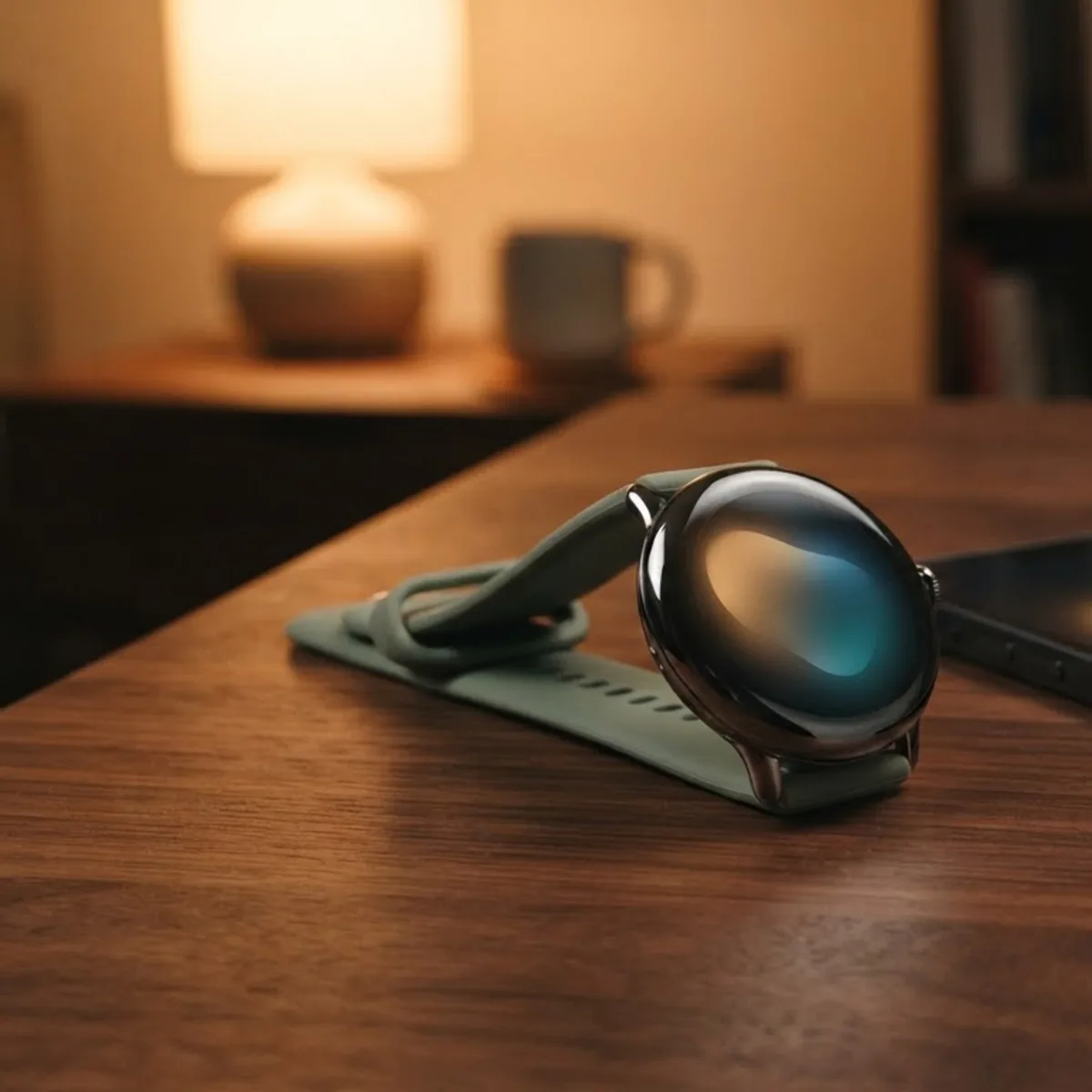 A round domed smartwatch with a sage green band lying beside a smartphone on a walnut table in warm lamp light
