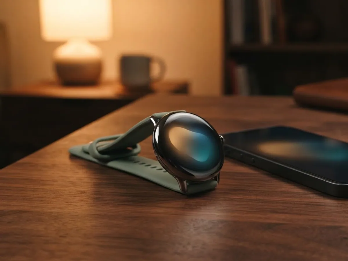 A round domed smartwatch with a sage green band lying beside a smartphone on a walnut table in warm lamp light