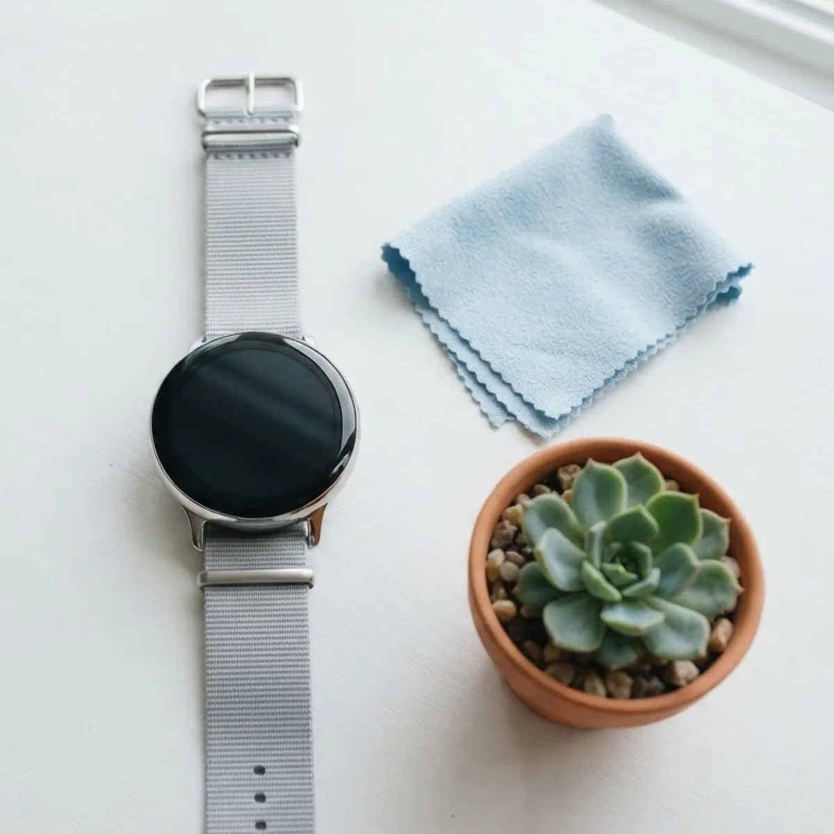 A round smartwatch with a black screen on a white desk next to a folded blue cloth and a small succulent, seen from above.
