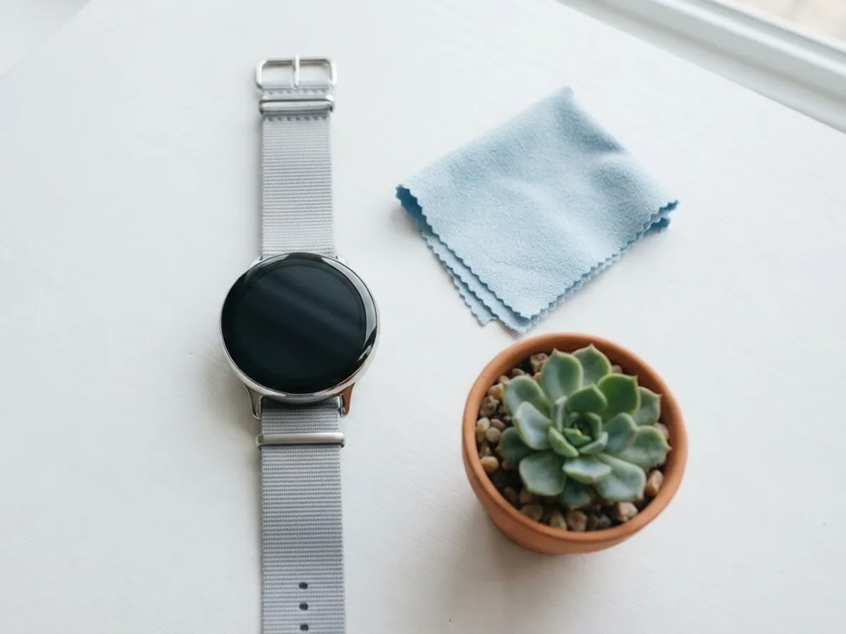 A round smartwatch with a black screen on a white desk next to a folded blue cloth and a small succulent, seen from above.