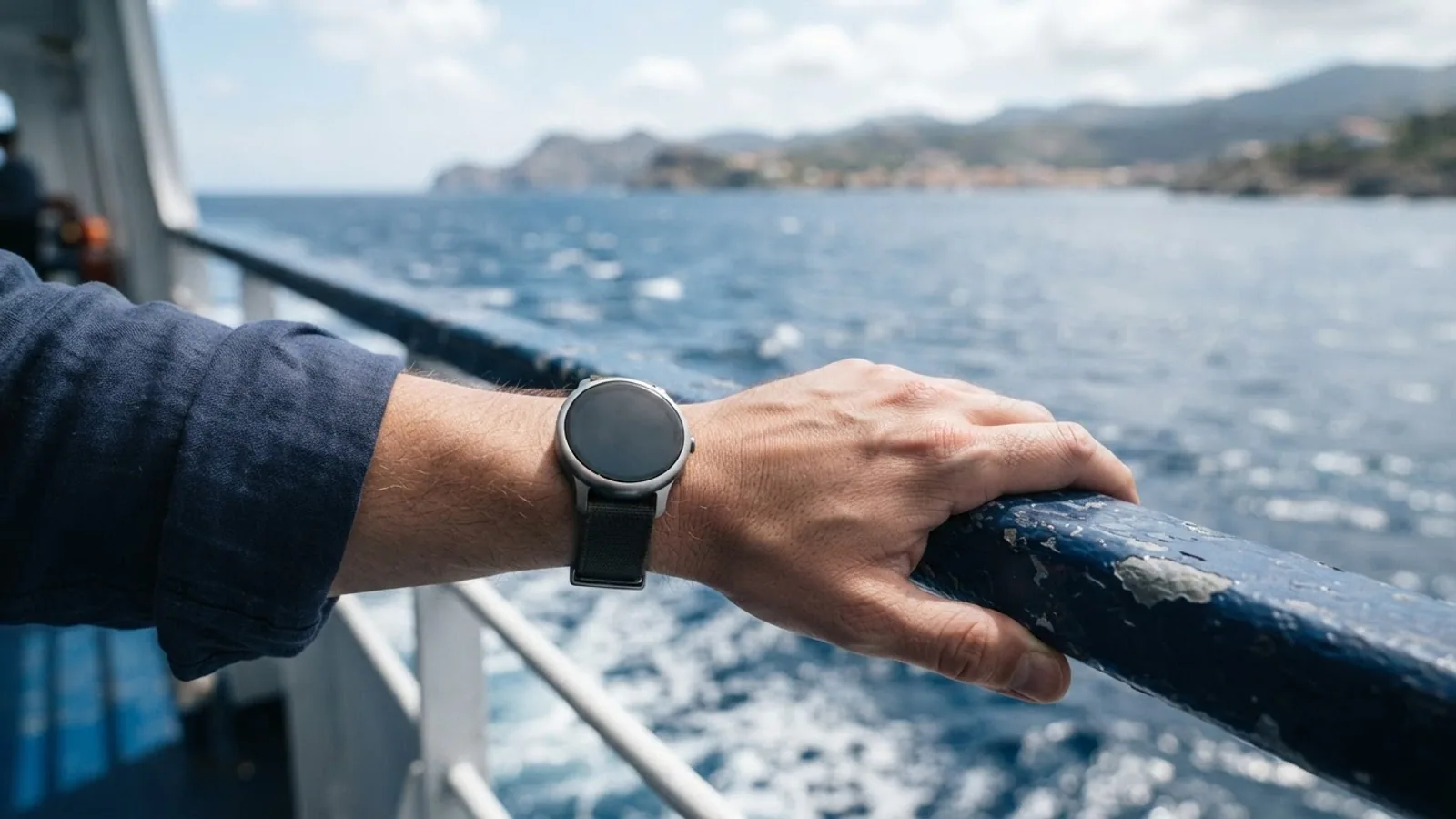 A hand resting on a ferry railing above the sea, the wrist wearing a round smartwatch with a dark screen