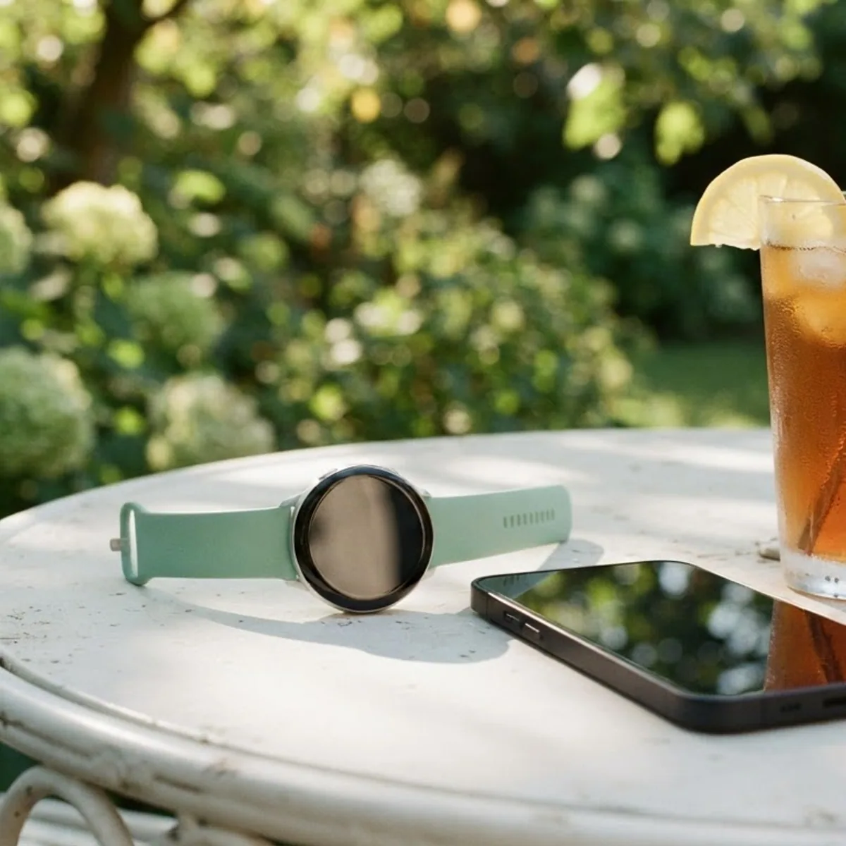 A round smartwatch on a mint green strap and a smartphone with a dark screen on a white patio table beside a glass of iced tea.
