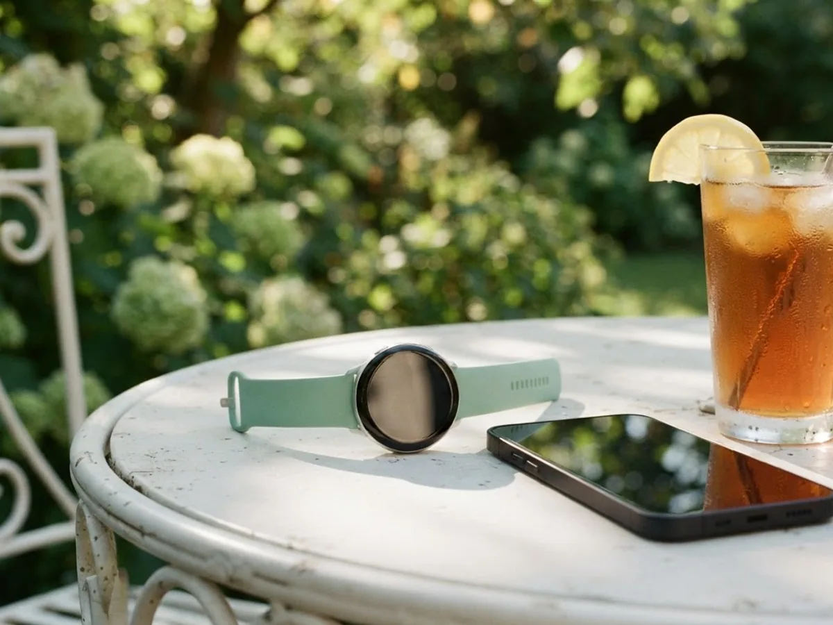 A round smartwatch on a mint green strap and a smartphone with a dark screen on a white patio table beside a glass of iced tea.