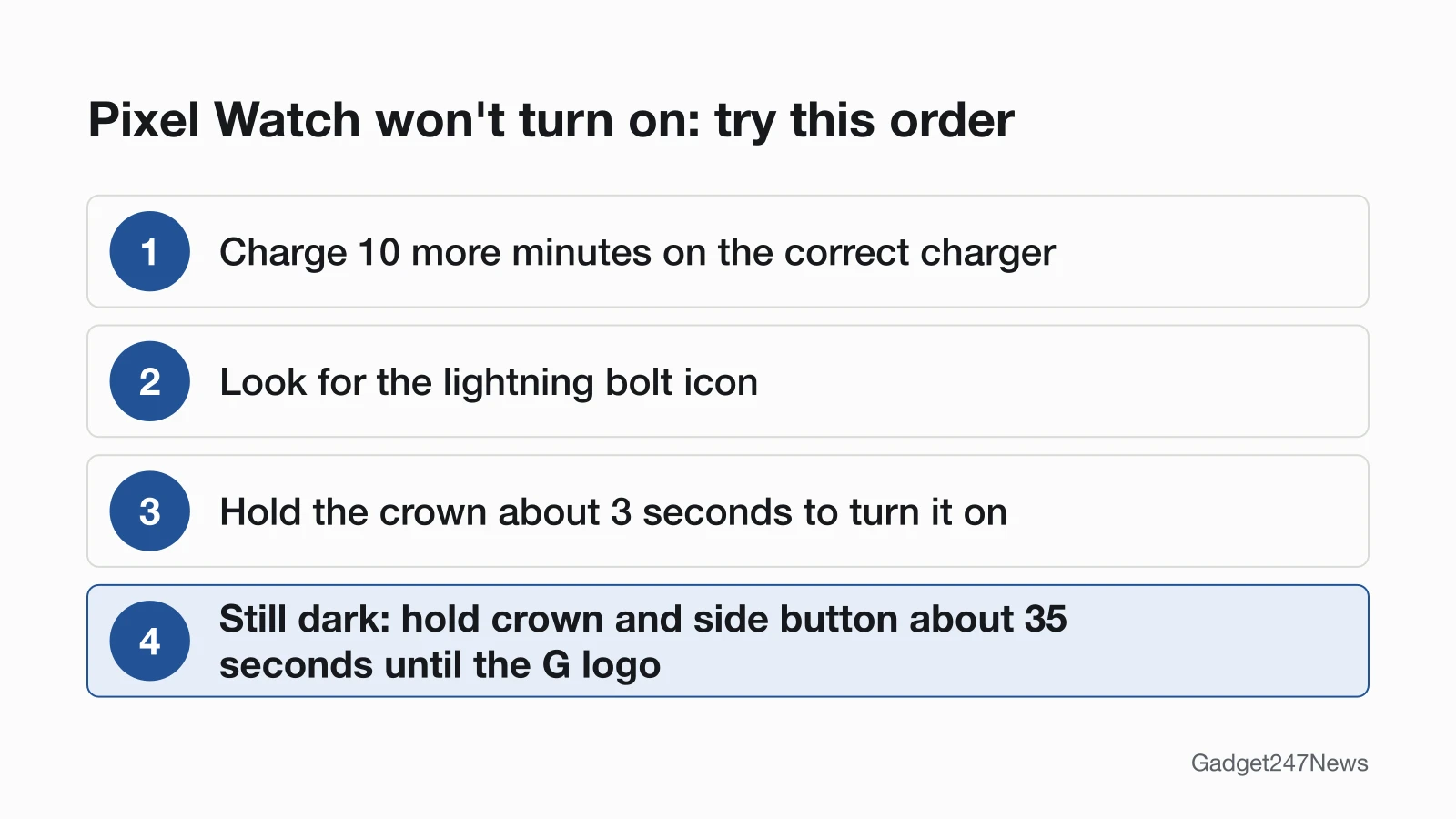 Four steps from Google for a Pixel Watch that won't turn on: charge 10 more minutes on the correct charger, look for the lightning bolt, hold the crown about 3 seconds, then hold the crown and side button about 35 seconds until the G logo appears.