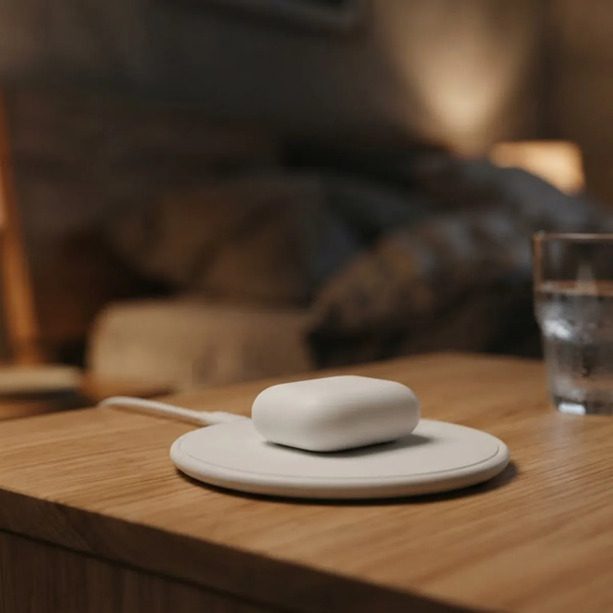 White earbud case on a round charging pad on a wooden nightstand at night, with a lamp, a glass of water and reading glasses