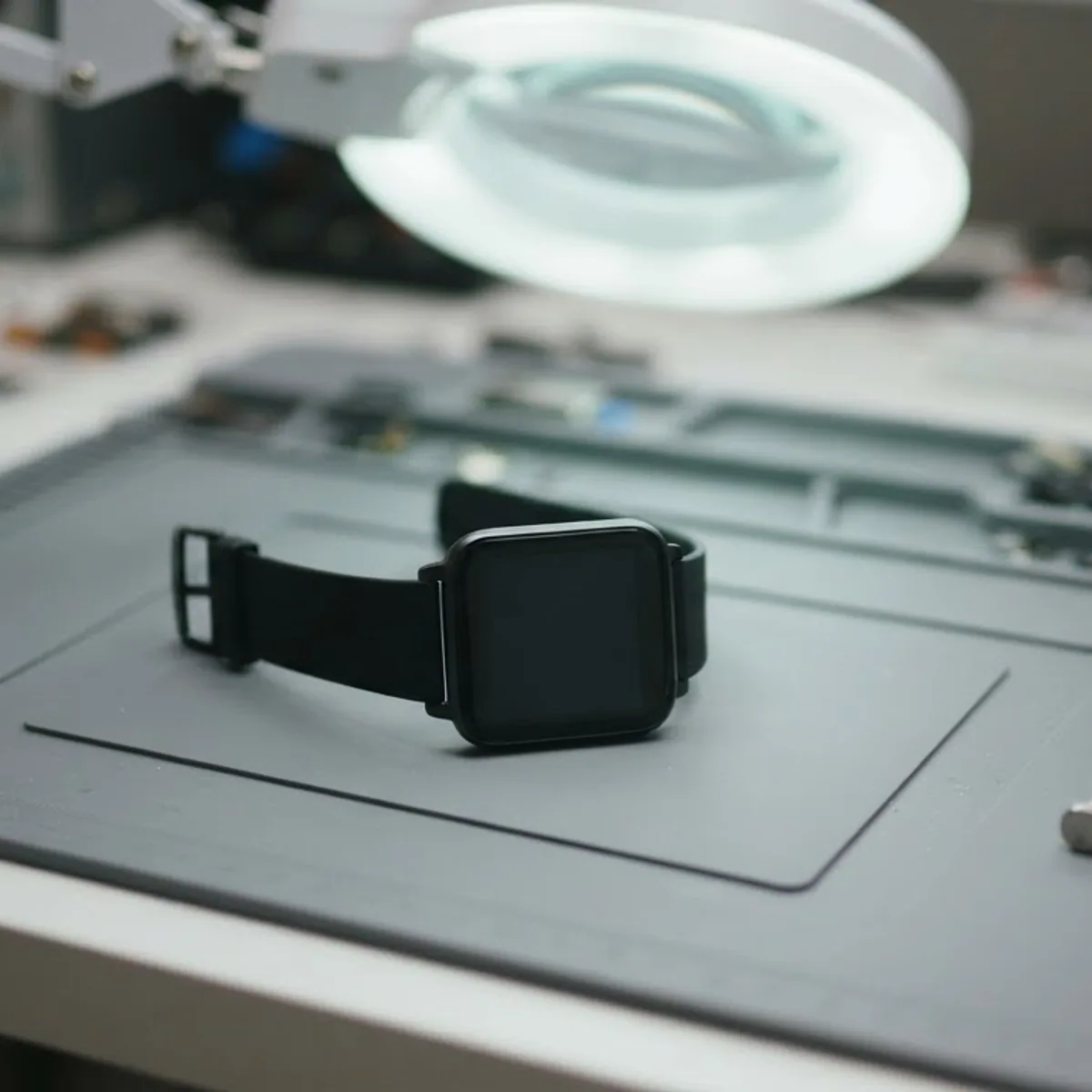 Square smartwatch with a black band on a grey repair mat beside precision screwdrivers and tweezers, under a magnifier lamp