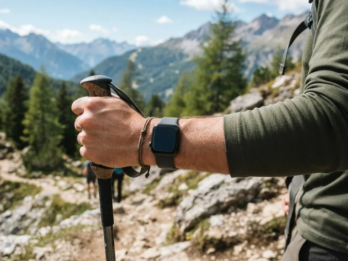 A hand gripping a trekking pole on a mountain trail, with a square smartwatch on the wrist.
