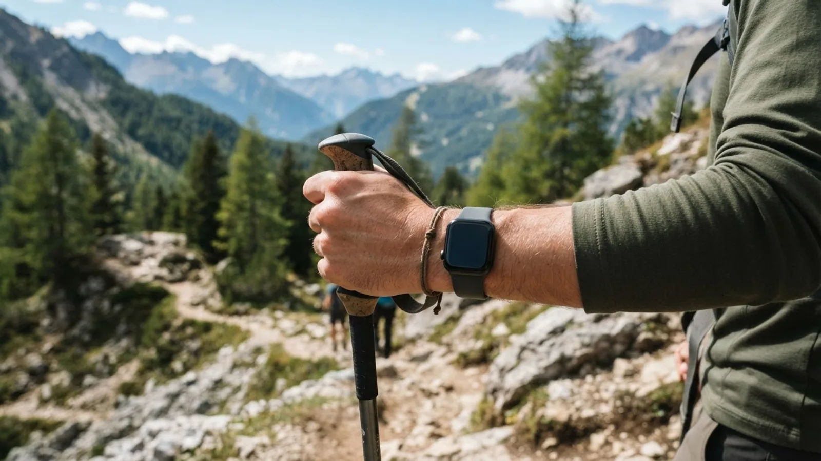 A hand gripping a trekking pole on a mountain trail, with a square smartwatch on the wrist.