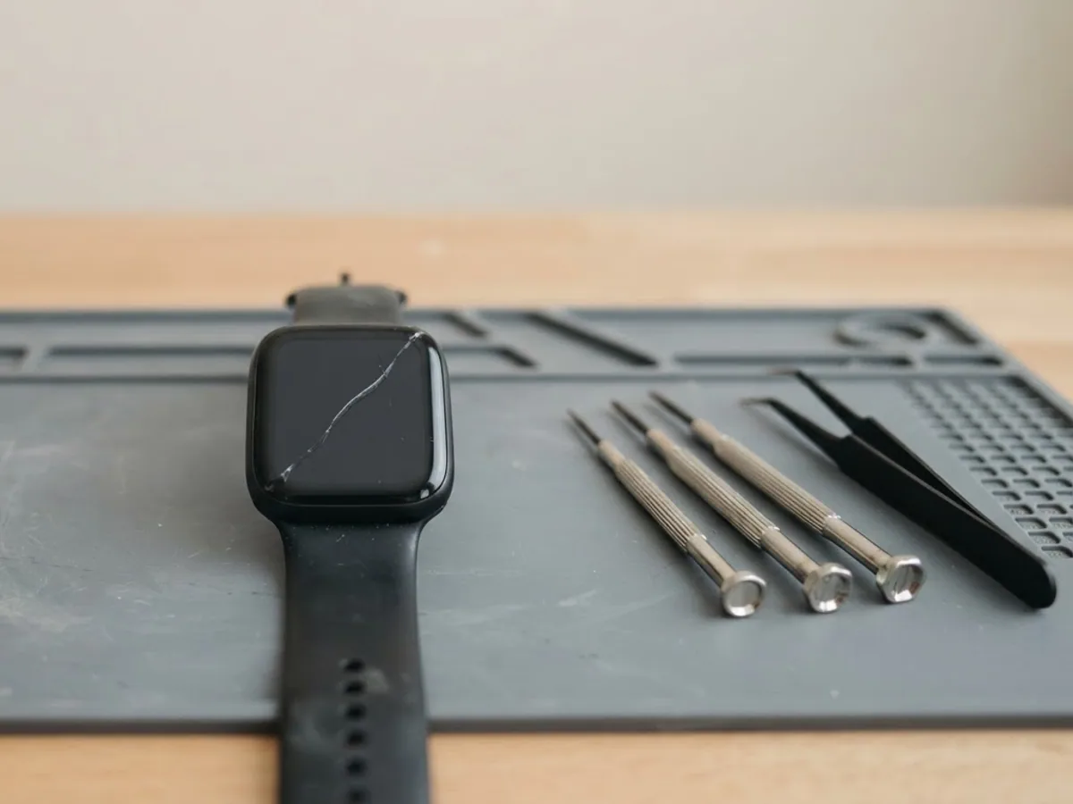 A square smartwatch with a cracked dark screen on a grey repair mat beside precision screwdrivers and tweezers.