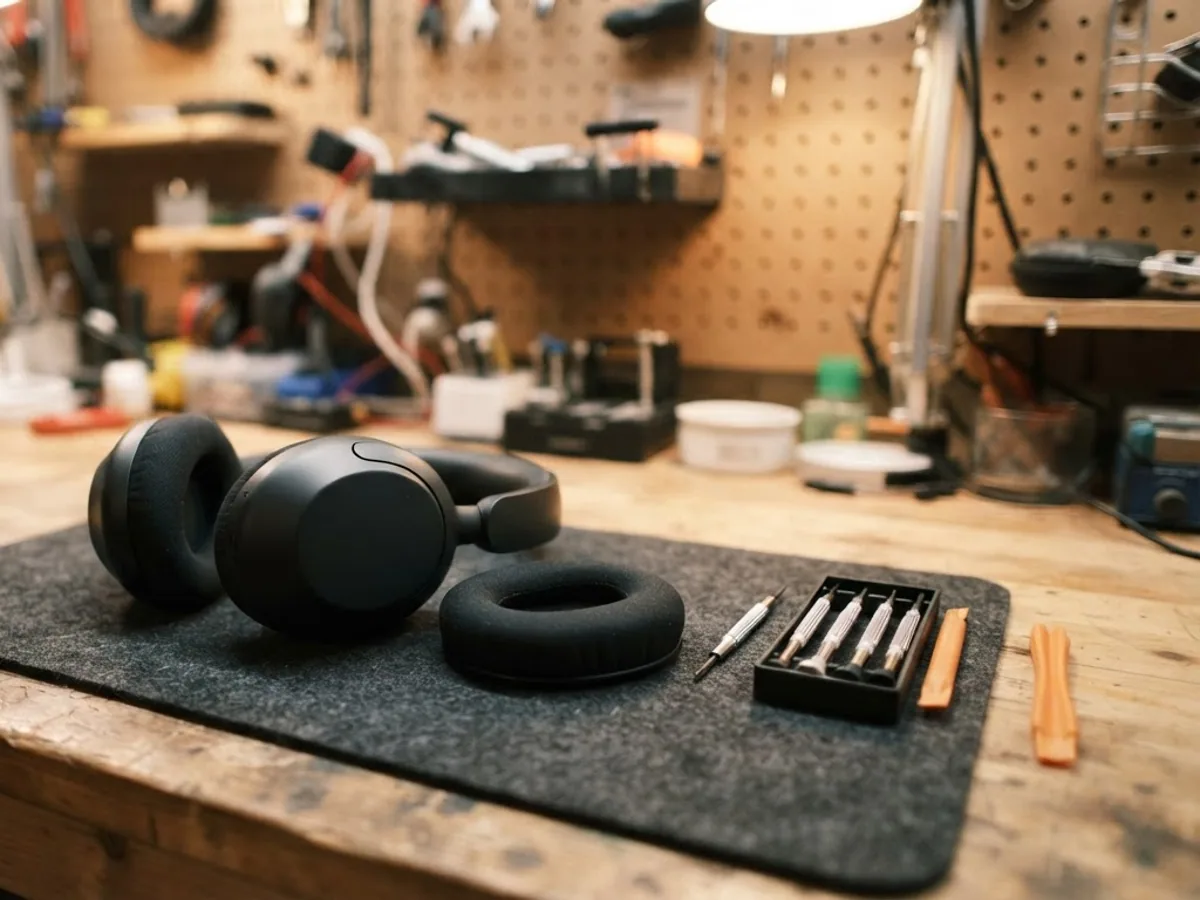 Charcoal black over ear headphones on a repair mat beside a spare ear cushion and small precision tools.