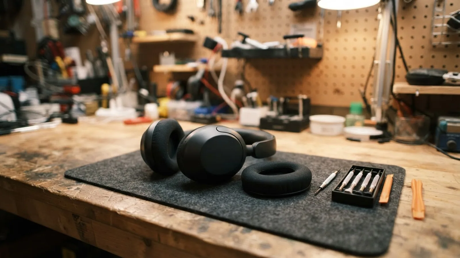 Charcoal black over ear headphones on a repair mat beside a spare ear cushion and small precision tools.